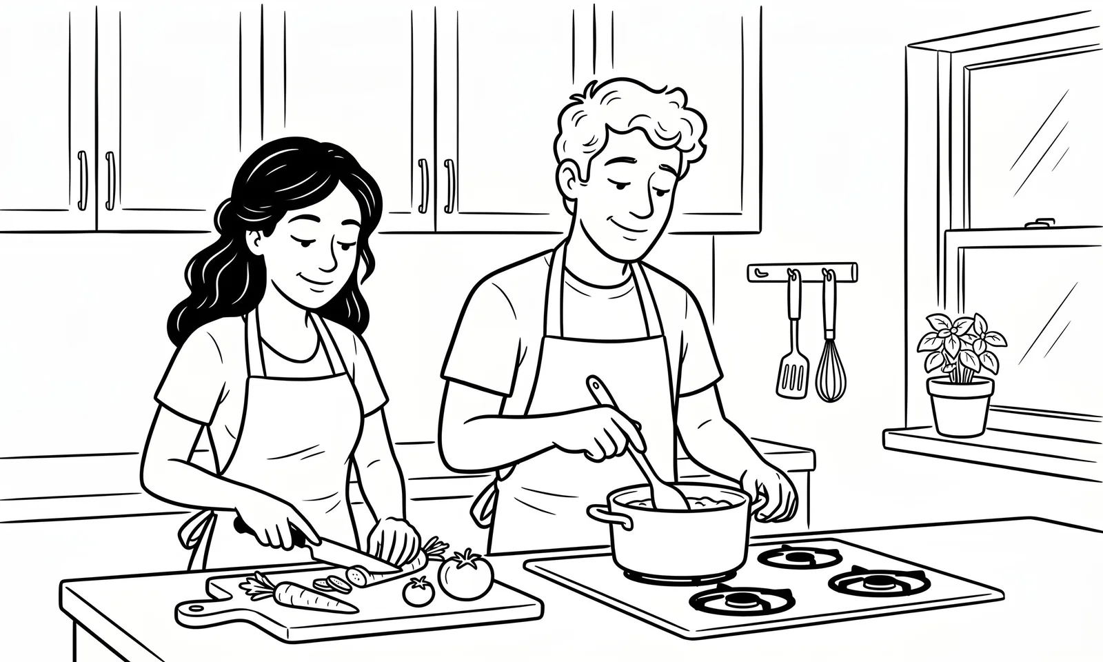 A couple cooking together in their kitchen