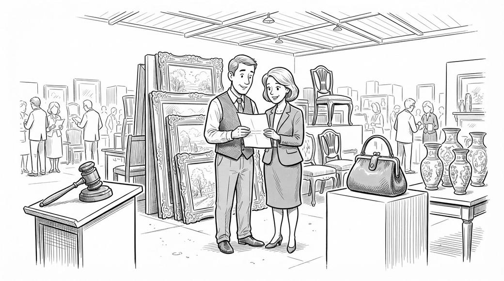 A couple in an auction warehouse full of paintings and antiques read a single sheet of paper beside an auctioneer's gavel.