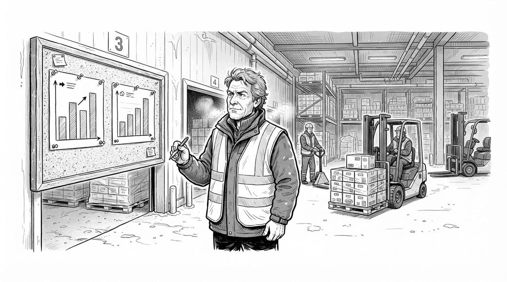A manager in a hi-vis vest studies two bar charts in a chilly cold-storage warehouse as forklifts move pallets.