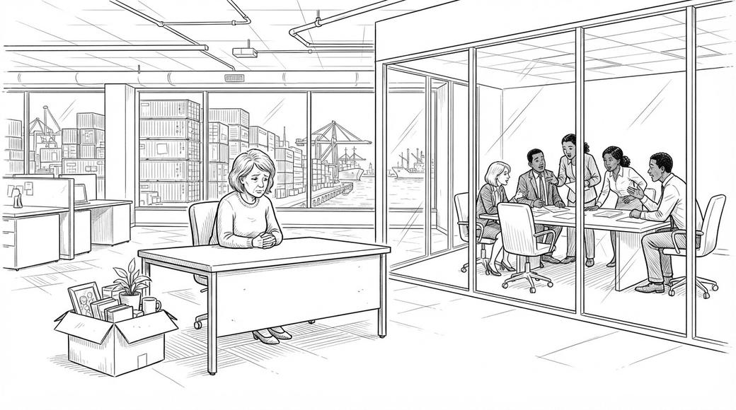 A woman sits alone at a bare open-plan desk with a box at her feet while managers meet behind a glass wall.