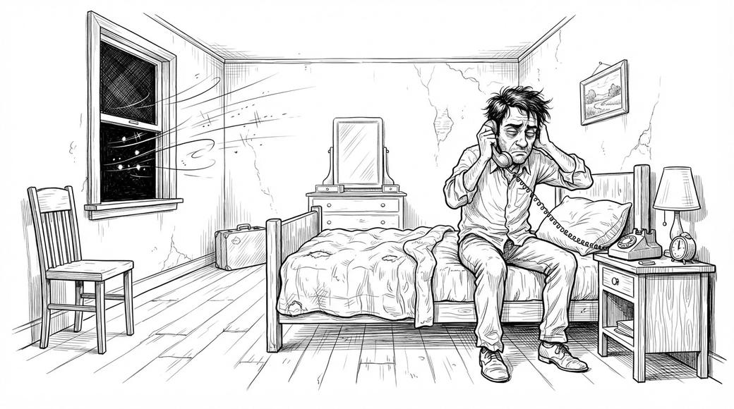 A tired man sits on a hotel bed late at night, phone to his ear, covering his other ear against noise from outside.