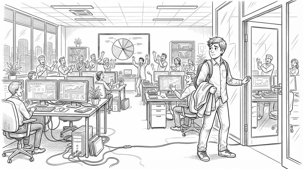 A young engineer holding his jacket pauses at an office door, looking back at colleagues cheering a pie chart on a wall screen.