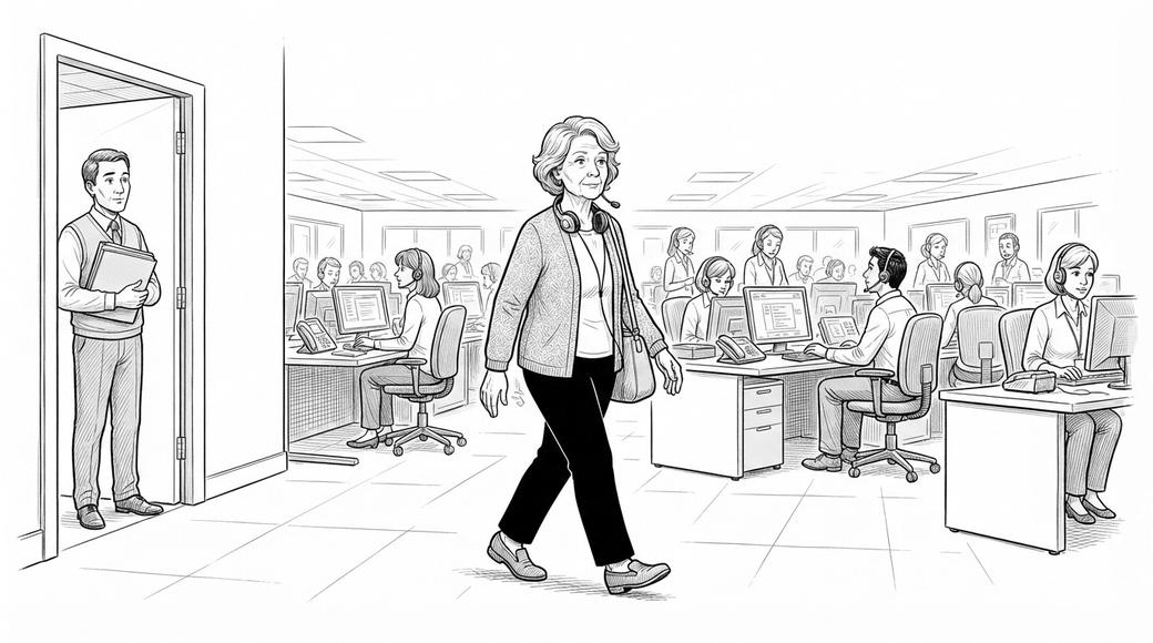 An older call-centre worker with a headset round her neck walks out past her colleagues as a manager waits by the open door.