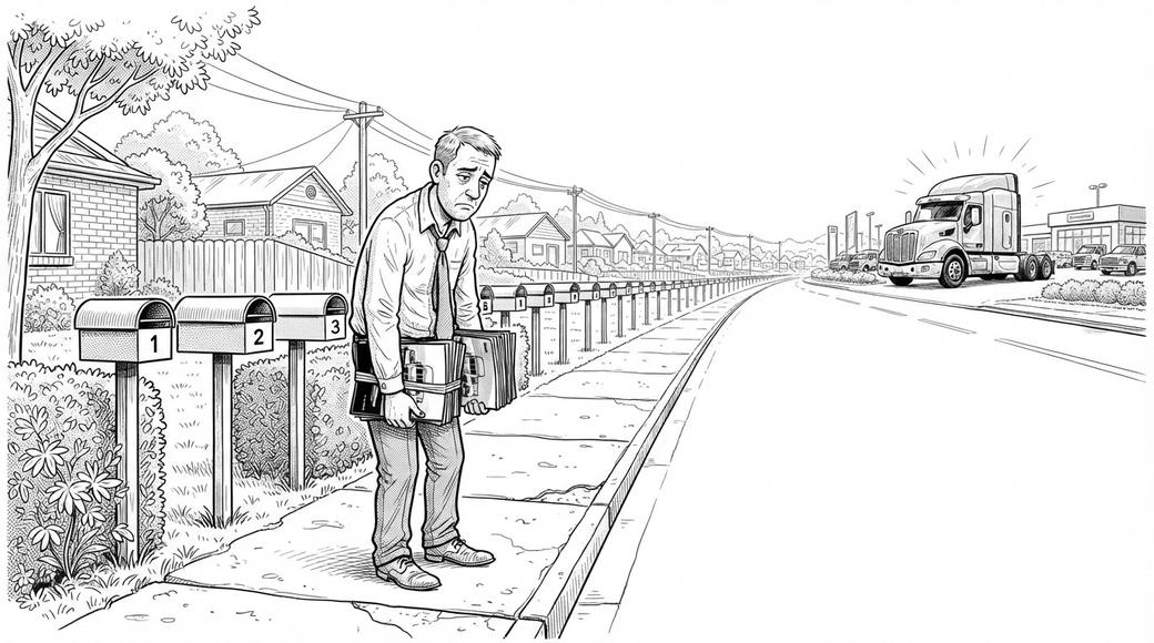 A man in a shirt and tie holds a stack of truck brochures on a suburban street, looking along a row of letterboxes.