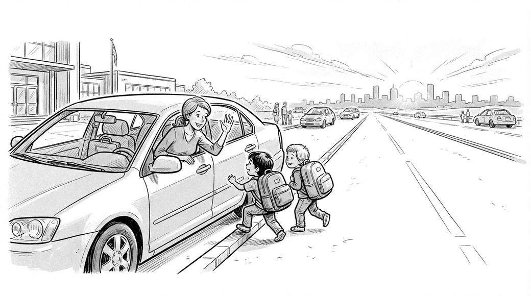 A mother waving as two young children climb out of her car at a school drop-off zone at dawn, a laptop bag on the seat.