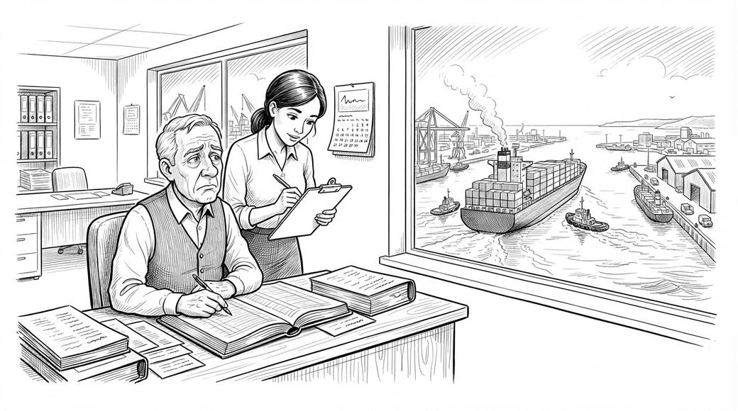 A grey-haired accountant being shadowed by a younger colleague, gazing out at a departing container ship.