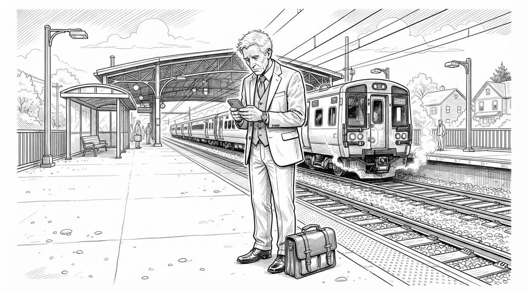 A white-haired man in a suit on a train platform, reading his phone with sinking shoulders, a new briefcase at his feet.