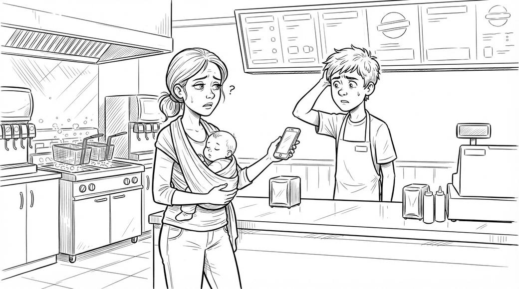 A young mother with a baby in a sling showing her phone to a puzzled cashier at a burger counter.