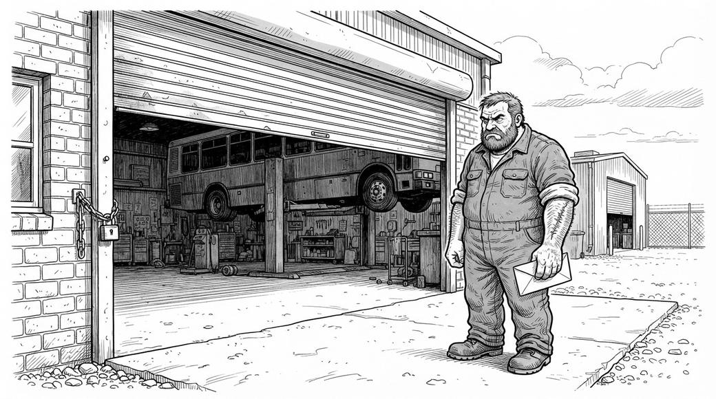 A mechanic with a scarred forearm holding an envelope outside a half-closed workshop roller door.
