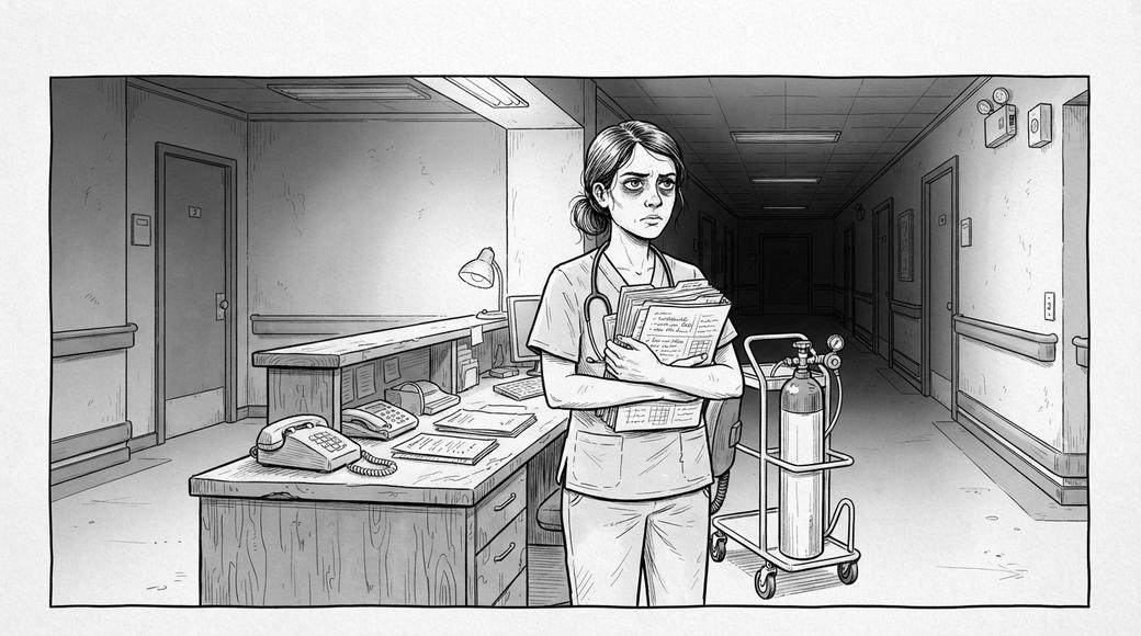 A tired but determined nurse holding a folder of notes at an empty nurses’ station beside an oxygen trolley.