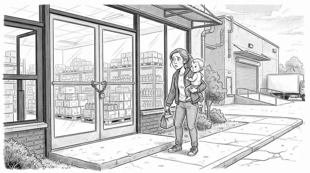 A woman holding a toddler at the locked glass door of a food warehouse, lunch bag in hand, looking bewildered.