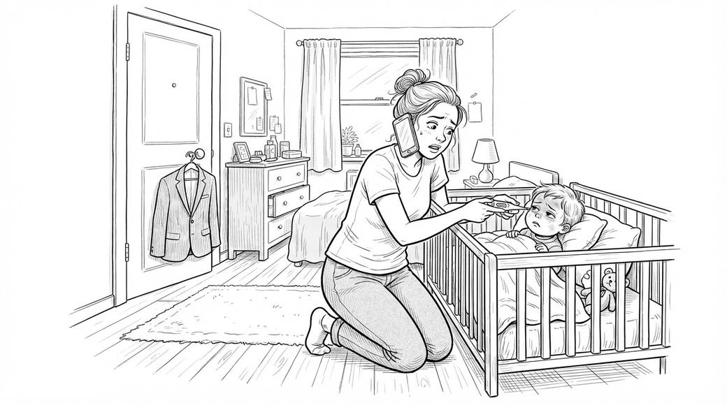 A young mother checking a feverish toddler’s temperature while on the phone, her work blazer hanging on the door.
