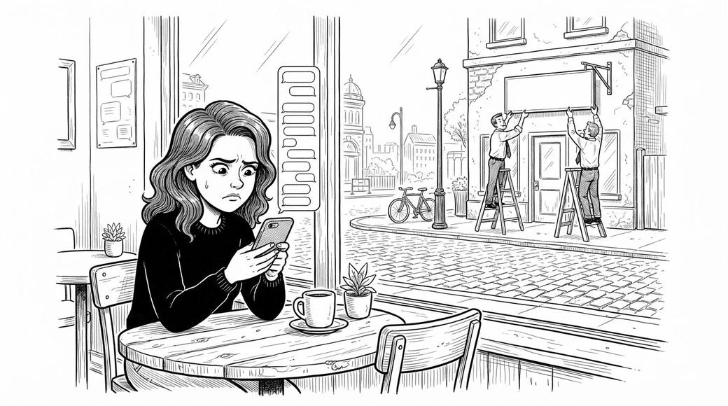 A woman frowns at a text thread on her phone in a cafe while two men put up a sign on a new office across the street.