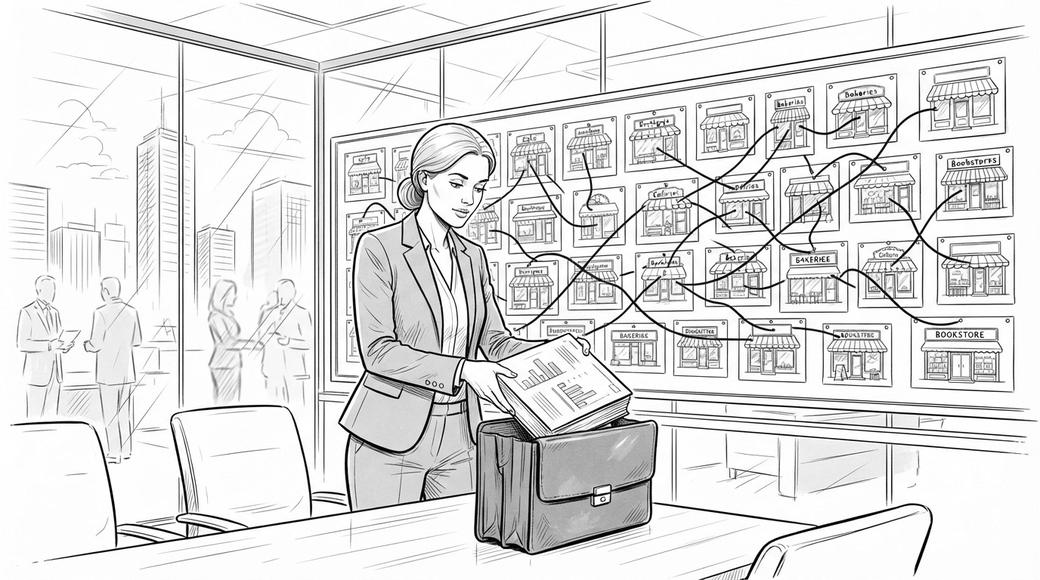 A woman packs her briefcase in a boardroom in front of a pinboard of dozens of shopfront sketches joined by one string.