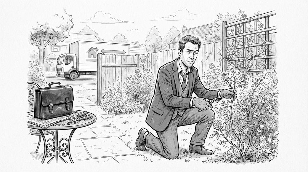 A man in a suit prunes roses in his back garden while a removals truck passes beyond the fence.