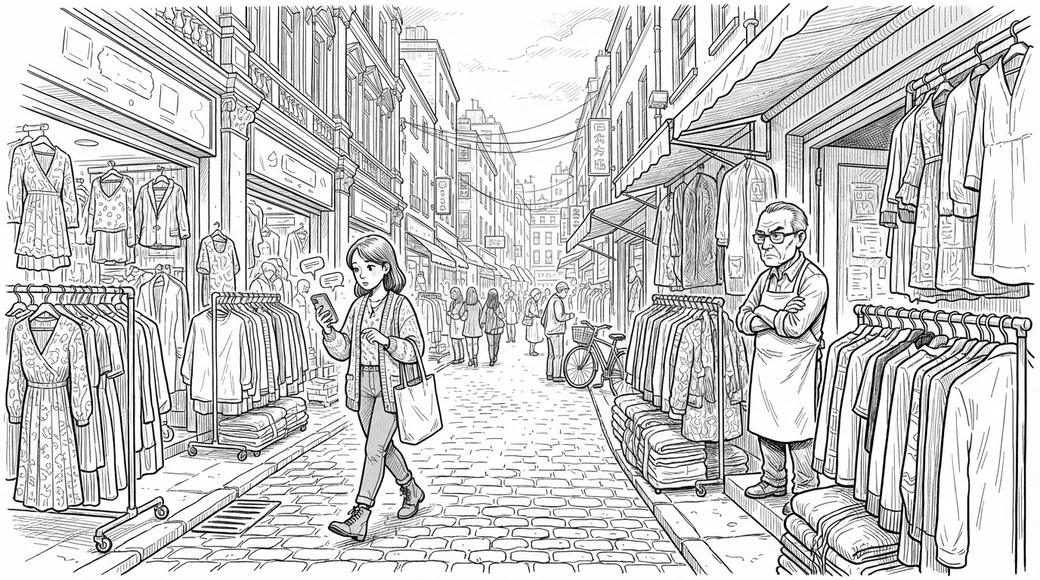 A young woman checks her phone as she walks along a street of wholesale clothing showrooms, watched by a shop owner from a doorway.