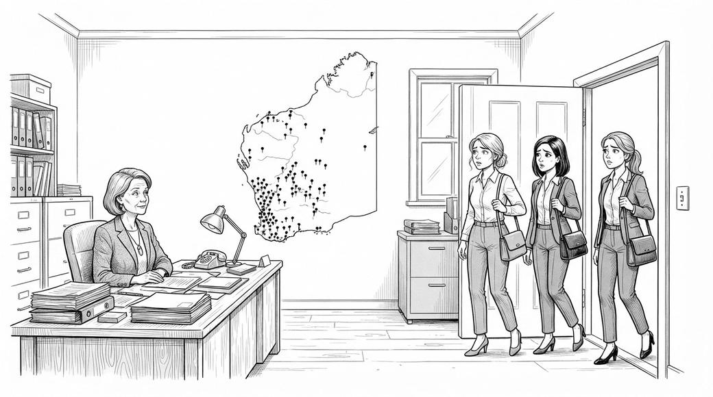 Three women pause in an office doorway beside a map of Western Australia pinned with mining camps, watched by the founder at her desk.