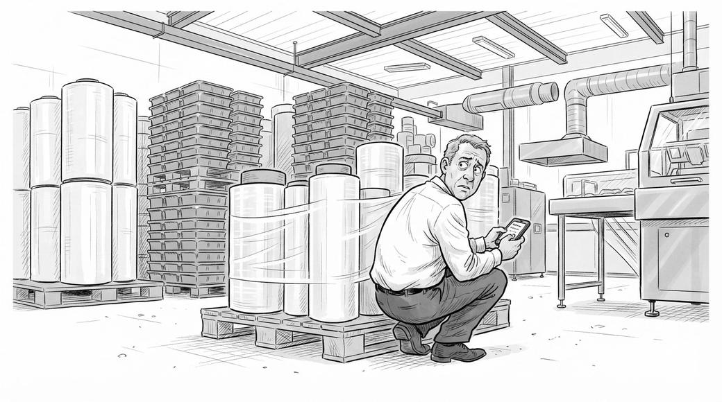 A man crouches behind pallets of packaging film in a factory, secretly typing on his phone.