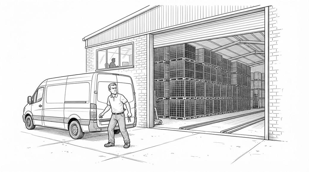 A man with van keys stands at the loading dock of a solar panel warehouse, looking back at the office.