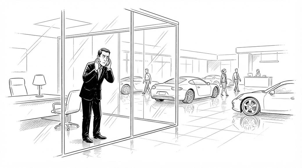 A manager in a glass office beside a car showroom speaks secretly into his phone while staff outside carry on, unaware.