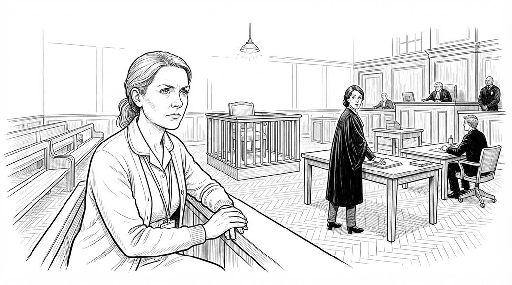 An empty witness box in a courtroom, with a lawyer glancing at it and a nurse watching from the gallery.