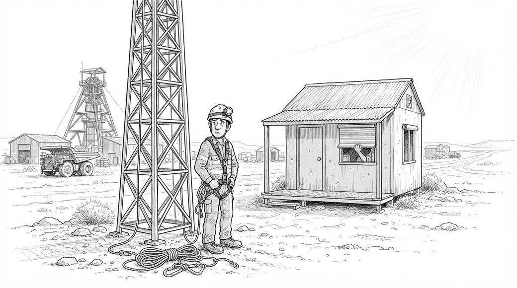 A trainee in a rescue helmet and harness at the foot of a rope-rescue tower at a mine, looking back towards a site office with its blind pulled down.