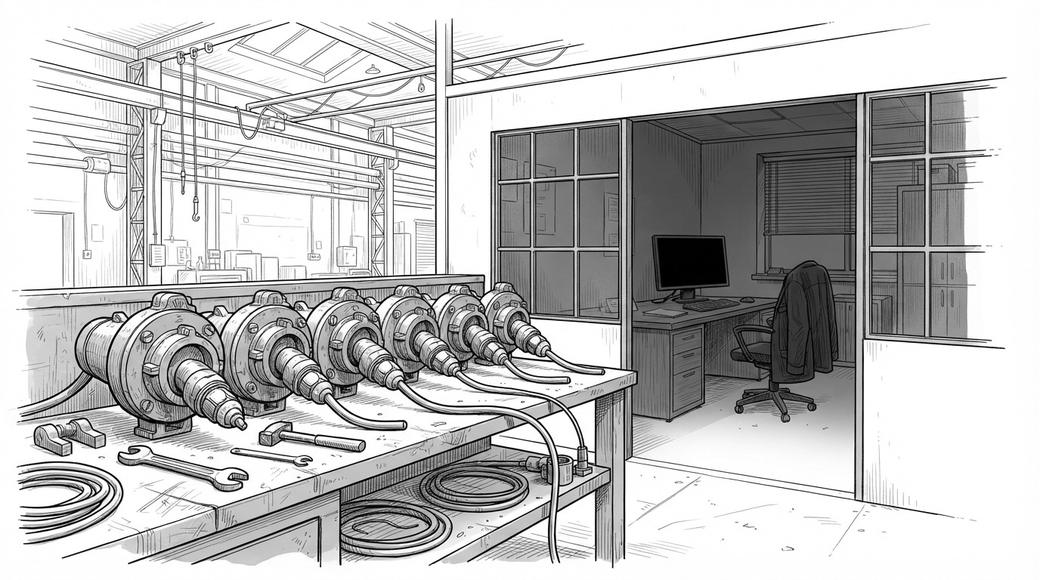 Heavy cable plugs on a workshop bench, with an empty office and a dark computer screen behind them.