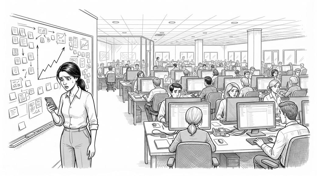 Rows of office workers read the same email on their screens while a woman stands alone by a project board covered in sticky notes, looking at her phone.