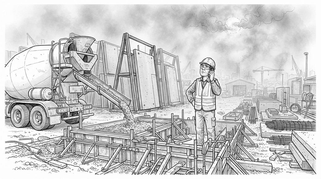 A worker in a hard hat makes a phone call beside a fresh concrete pour in a precast yard dimmed by smoke haze.