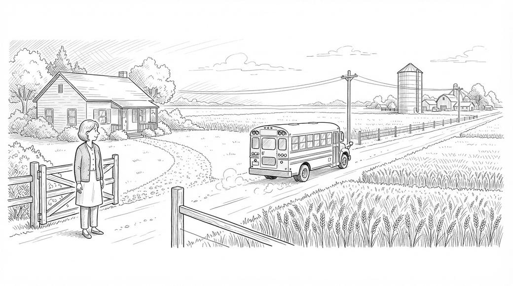 A woman stands at her country front gate watching the school bus she used to keep at home being driven away.