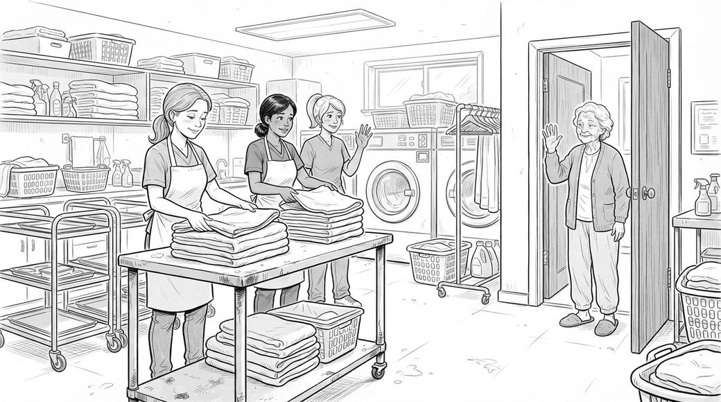 Two aged care support workers fold towels beside meal trolleys as an elderly resident waves from the laundry doorway.