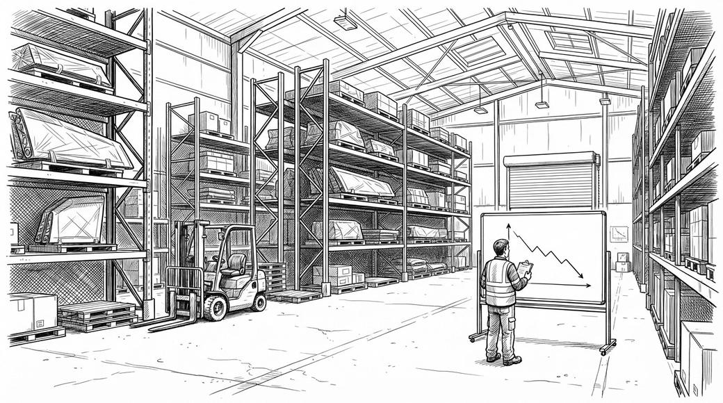A materials handler holds a clipboard in a half-empty aircraft-parts warehouse beside a whiteboard line sloping downwards.