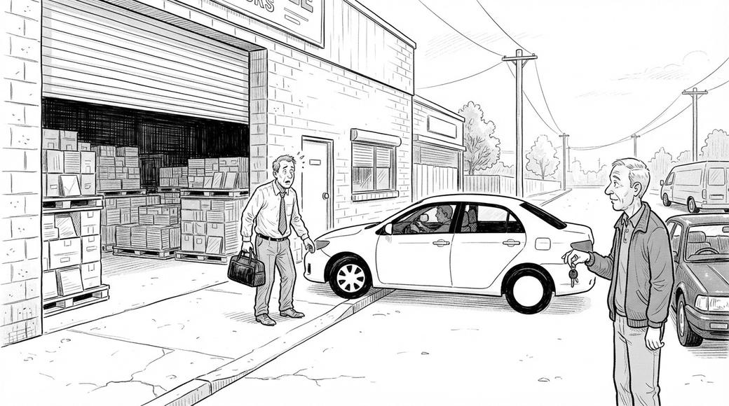 A salesman waits on the kerb outside a tile warehouse as a rideshare car arrives, while the owner holds the company car keys behind him.
