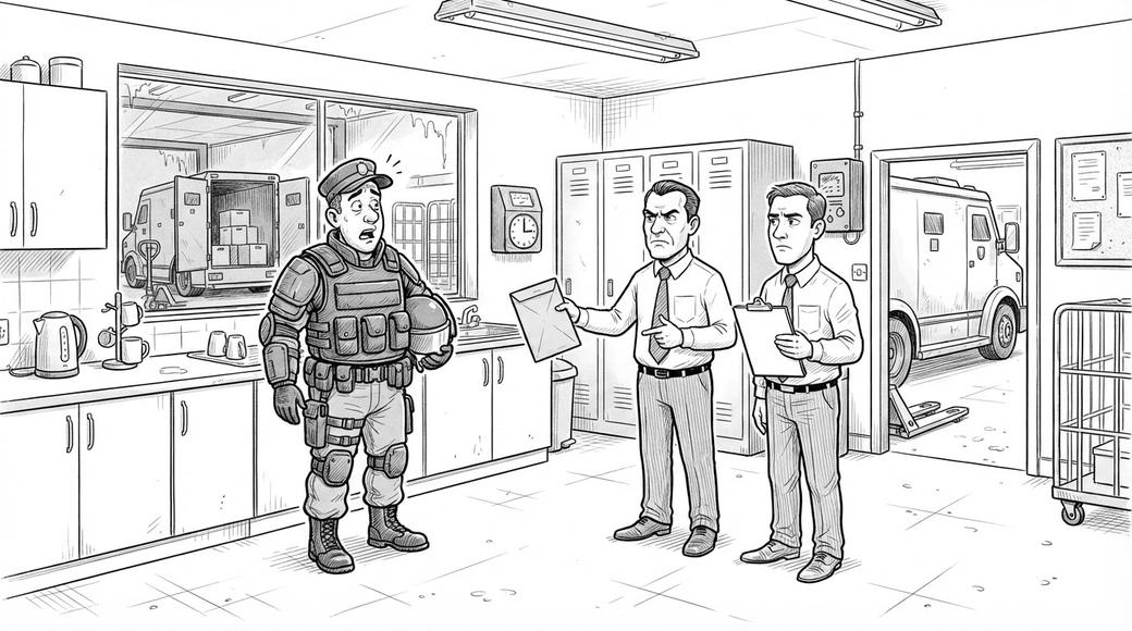 Two managers hand an envelope to a uniformed armoured-van guard in a depot kitchen, with the van parked in the bay outside.