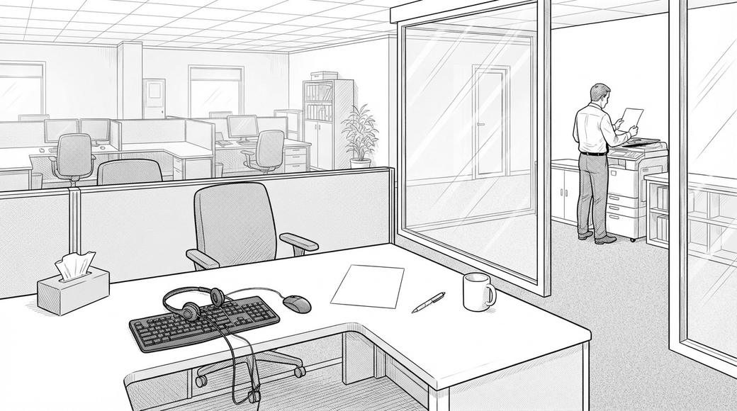 An empty call-centre desk with a headset and tissues, while a manager collects a sheet from a printer behind glass.