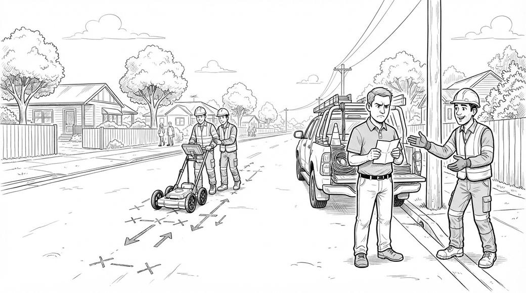 A manager stands by a work ute holding a folded sheet of paper while his underground-locating crew scans the road behind him.