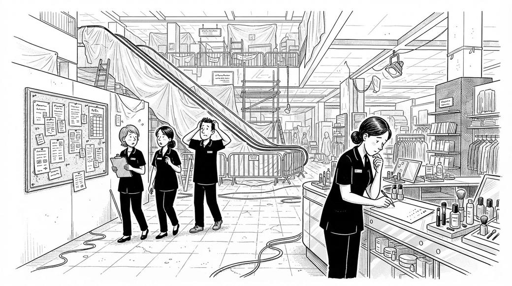 In a department store half-closed for renovation, one shop assistant writes at a cosmetics counter while three colleagues hesitate by a noticeboard.