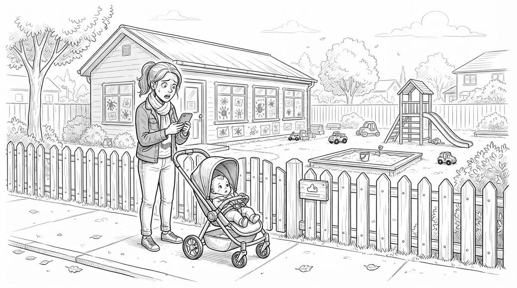 A young mother with a pram stops at a preschool gate, staring at a message on her phone.