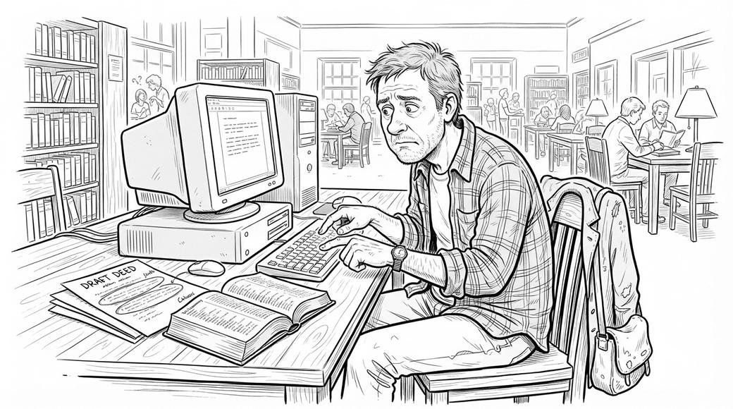 A man at a library computer types an email beside a draft deed with three clauses circled.