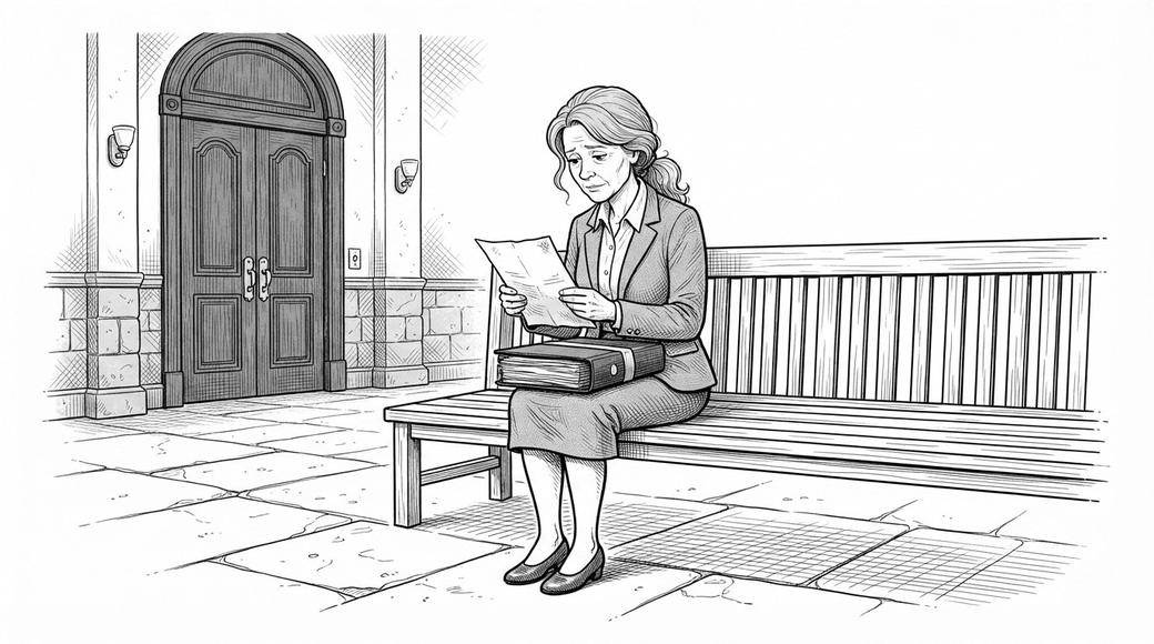 A woman sits alone on a court corridor bench holding an old document above a thick folder.