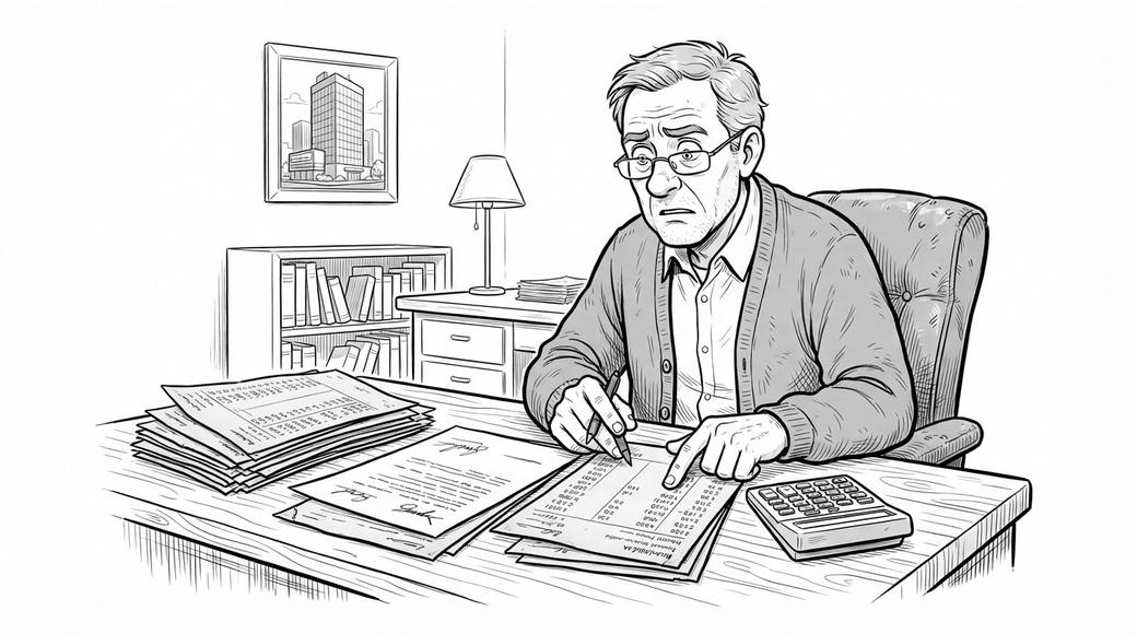 A retired man in his study compares a stack of old pay advices with a signed exit deed.