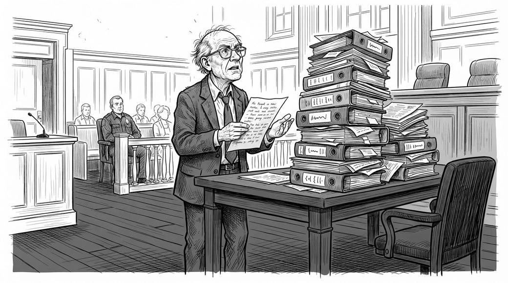 An older man represents himself at a courtroom bar table beside a tall stack of binders.