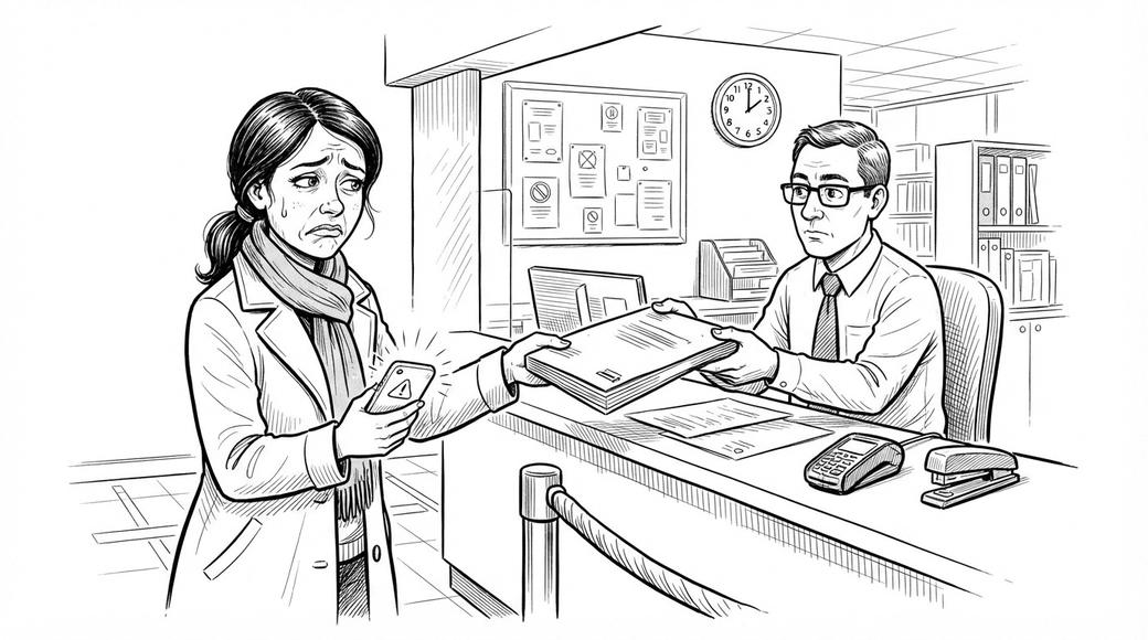 A woman hands papers to a court registry clerk as her phone lights up with a notification.