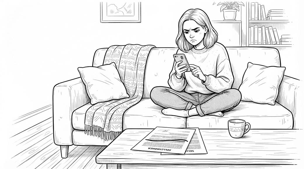 A young woman on her couch deletes a video on her phone beside a settlement agreement with one clause crossed out.