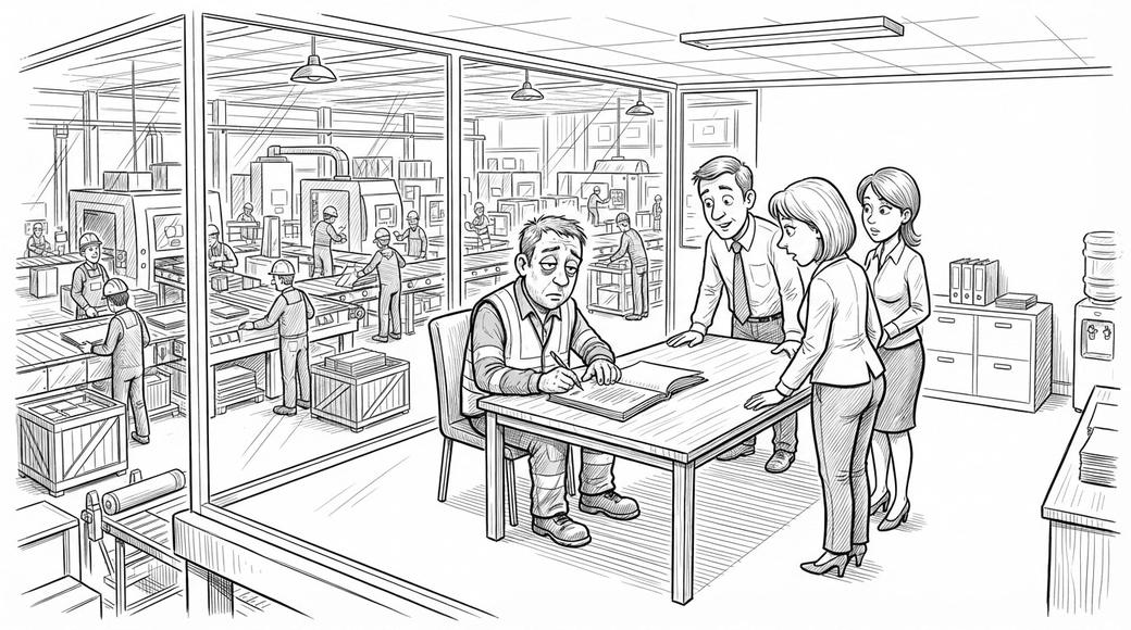 A man in a hi-vis vest signs a thick agreement in an office above a factory floor while two managers watch.