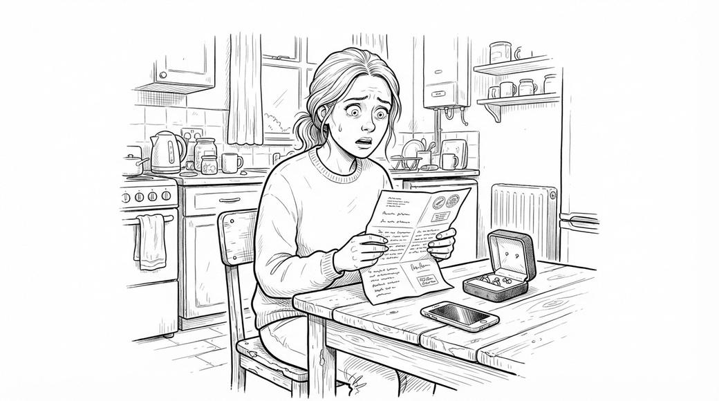 A woman reads a lawyer’s letter at her kitchen table, an open jewellery box beside her.
