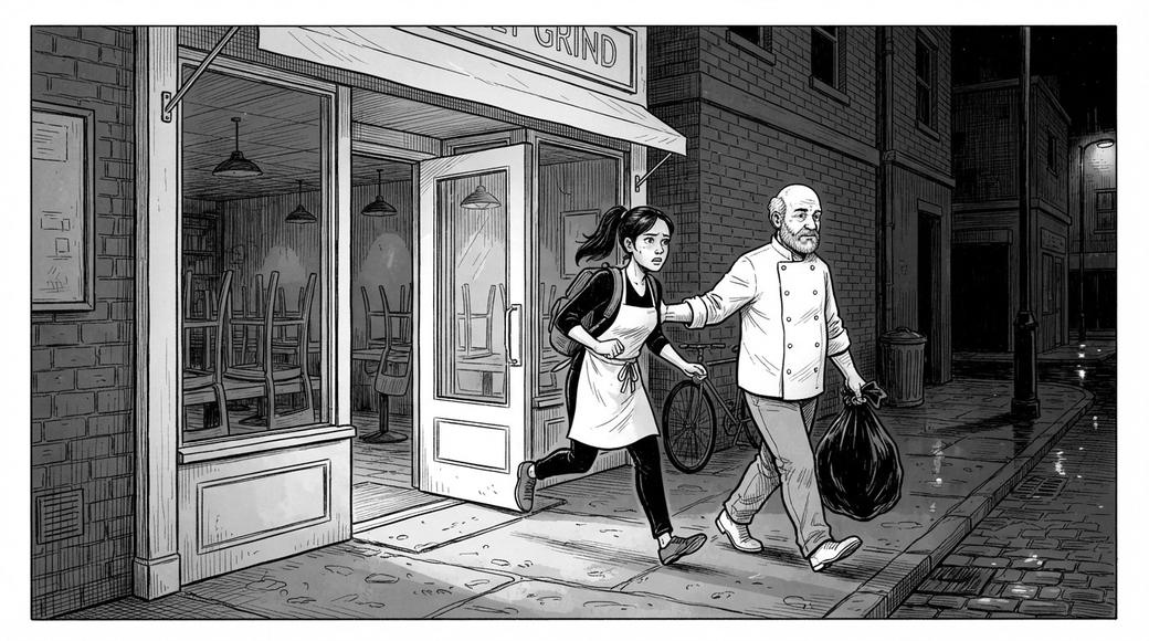 A young waitress leaves a café at closing time with a chef walking protectively beside her.