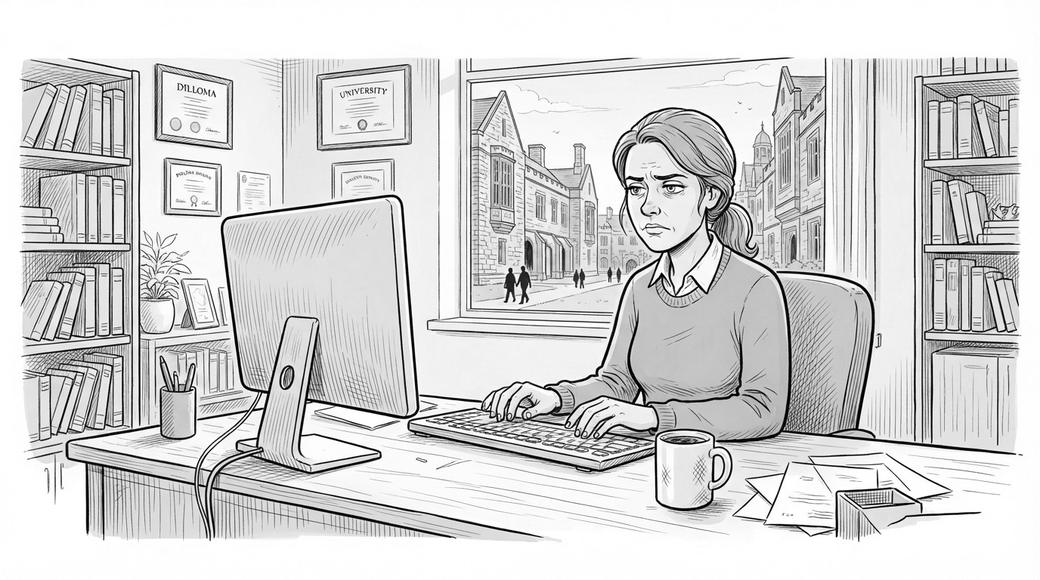 A woman in a university office types a short, firm email at her desk, sandstone buildings outside the window.