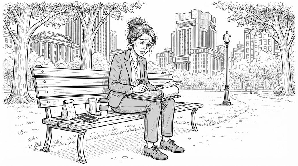 A woman on a park bench signs the last page of a document on a clipboard, her phone on speaker beside her.
