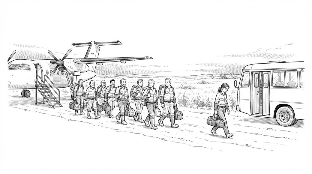 Fly-in fly-out mine workers walk from a small plane to a bus at dawn, one woman keeping her distance from the rest.
